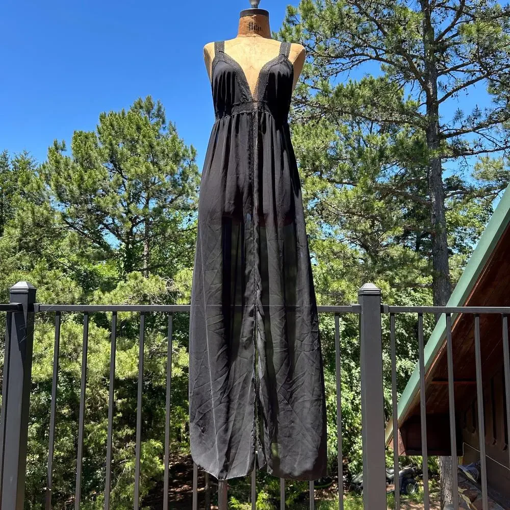 Vintage 80s/90s Black Sheer Chiffon Deep V Maxi Boho Grecian Goth Negligee Gown - Picture 2 of 9